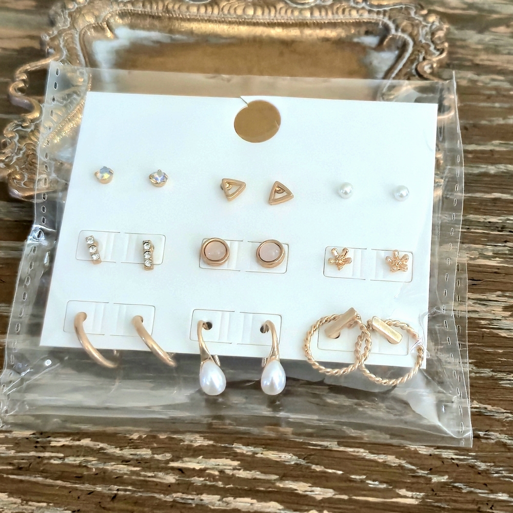Rose Gold Tone Stud Earring Set Pearl Rhinestone Geometric Ear Stack - Picture 3 of 3